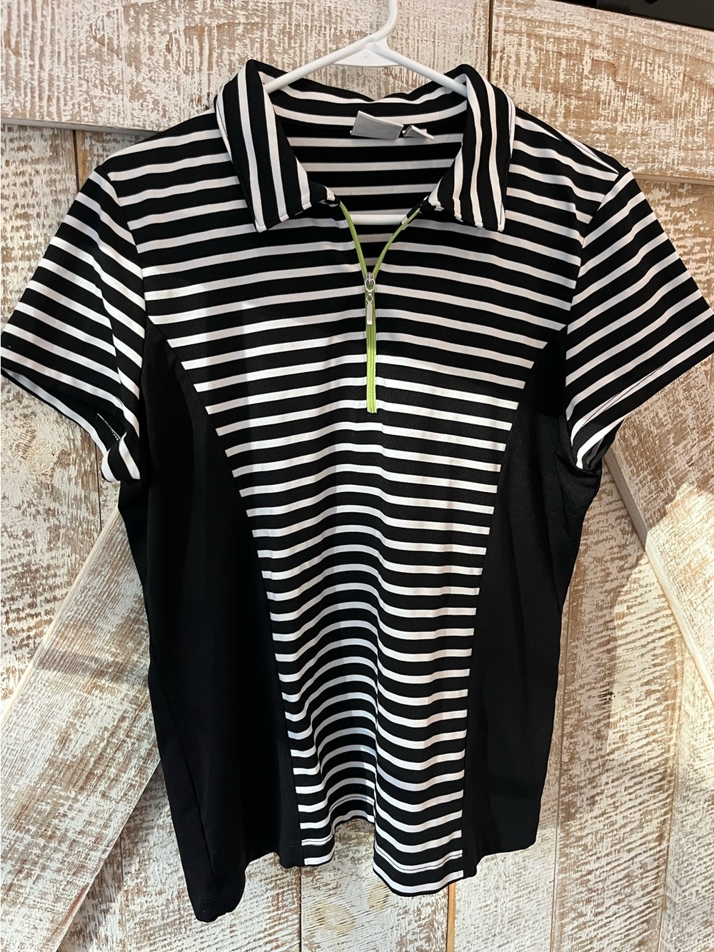 Chico’s Black & White Striped Zip Polo with Neon Accent Zipper Size 2- Large
